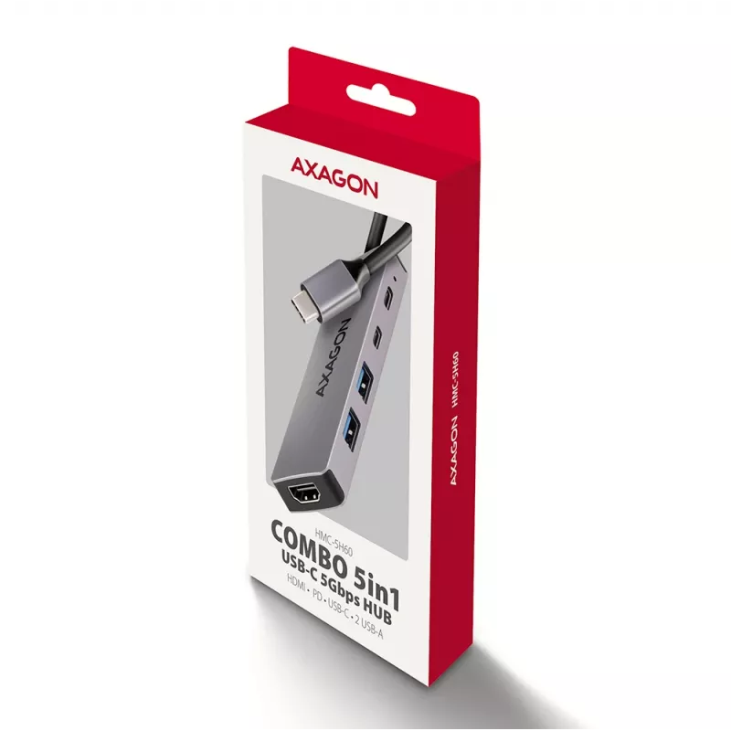 Axagon HMC-5H60 USB 5Gbps hub, 2x USB-A, 1x USB-C, HDMI 4k/60Hz, PD 100W, USB-C cable
