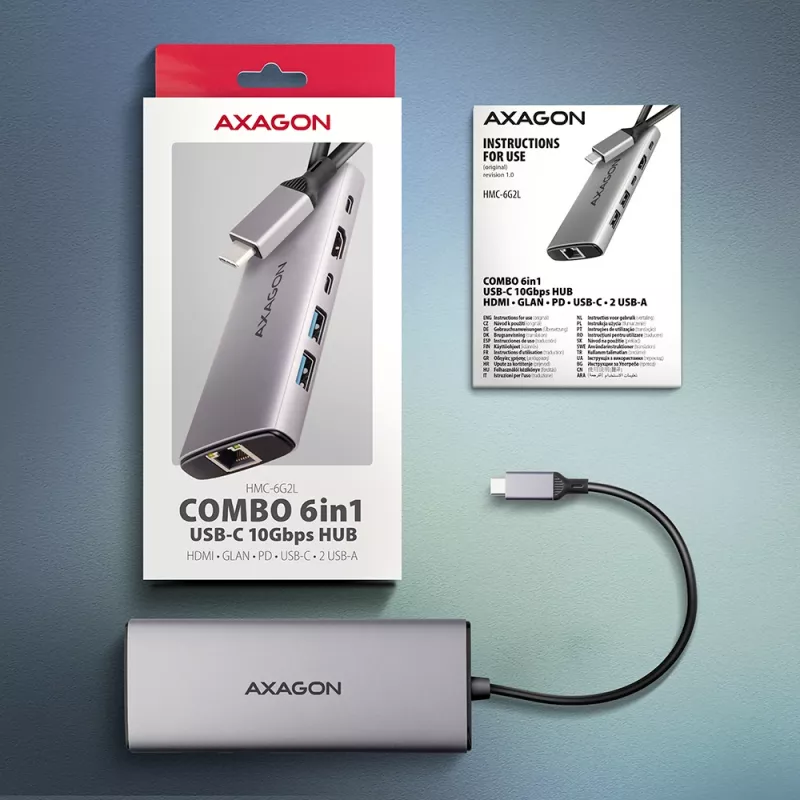 Axagon HMC-6G2L USB 10Gbps hub, 2x USB-A, 1x USB-C, HDMI 4k/60Hz, RJ-45, PD 100W
