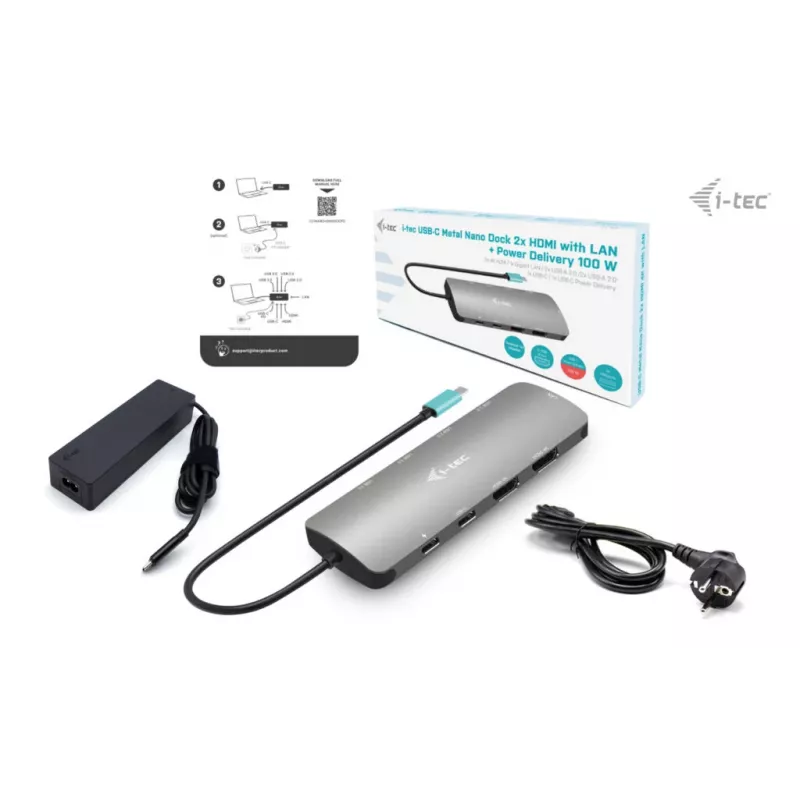 i-tec Metal USB-C Nano 2x Display Docking Station with PD 100 W + Charger 100W