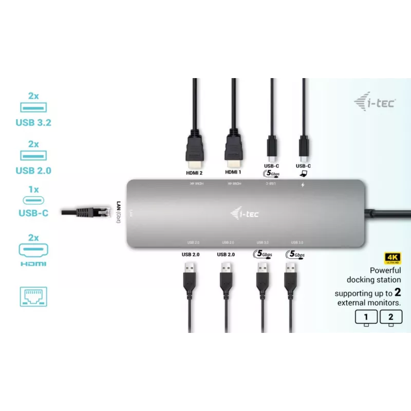 i-tec Metal USB-C Nano 2x Display Docking Station with PD 100 W + Charger 100W