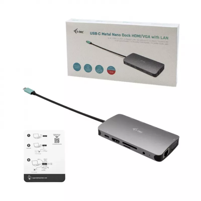 i-tec Metal USB-C Nano Dock HDMI/VGA with LAN + Charger 100W