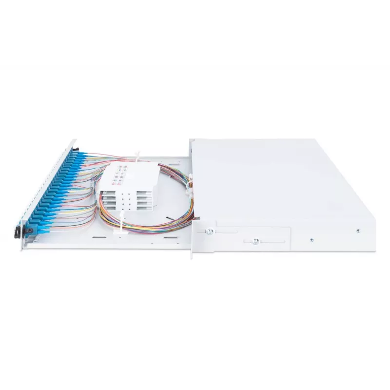 DIGITUS Fiber Optic Sliding Splice Box, 1U, Equipped 24x LC duplex, incl. M 25 Screw, Splice Cassette Singlemode OS2, Color Pigtails