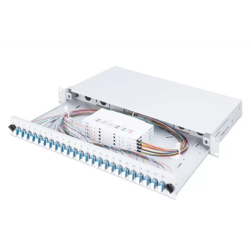 DIGITUS Fiber Optic Sliding Splice Box, 1U, Equipped 24x LC duplex, incl. M 25 Screw, Splice Cassette Singlemode OS2, Color Pigtails
