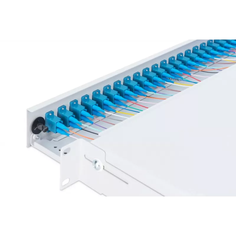 DIGITUS Fiber Optic Sliding Splice Box, 1U, Equipped 24x LC duplex, incl. M 25 Screw, Splice Cassette Singlemode OS2, Color Pigtails