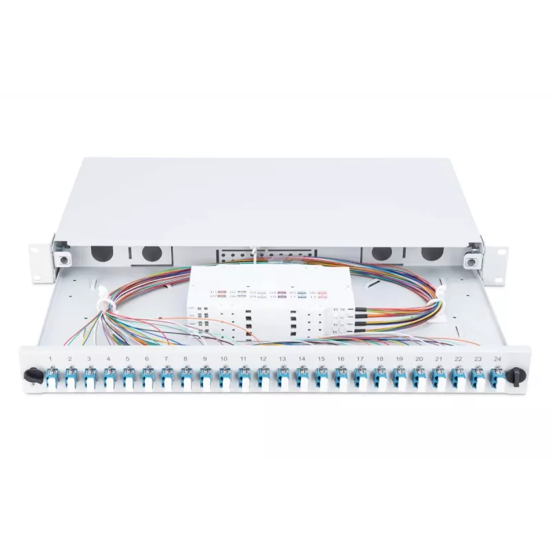DIGITUS Fiber Optic Sliding Splice Box, 1U, Equipped 24x LC duplex, incl. M 25 Screw, Splice Cassette Singlemode OS2, Color Pigtails