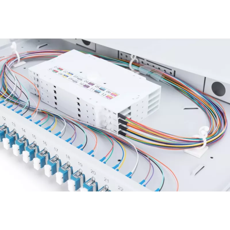 DIGITUS Fiber Optic Sliding Splice Box, 1U, Equipped 24x LC duplex, incl. M 25 Screw, Splice Cassette Singlemode OS2, Color Pigtails