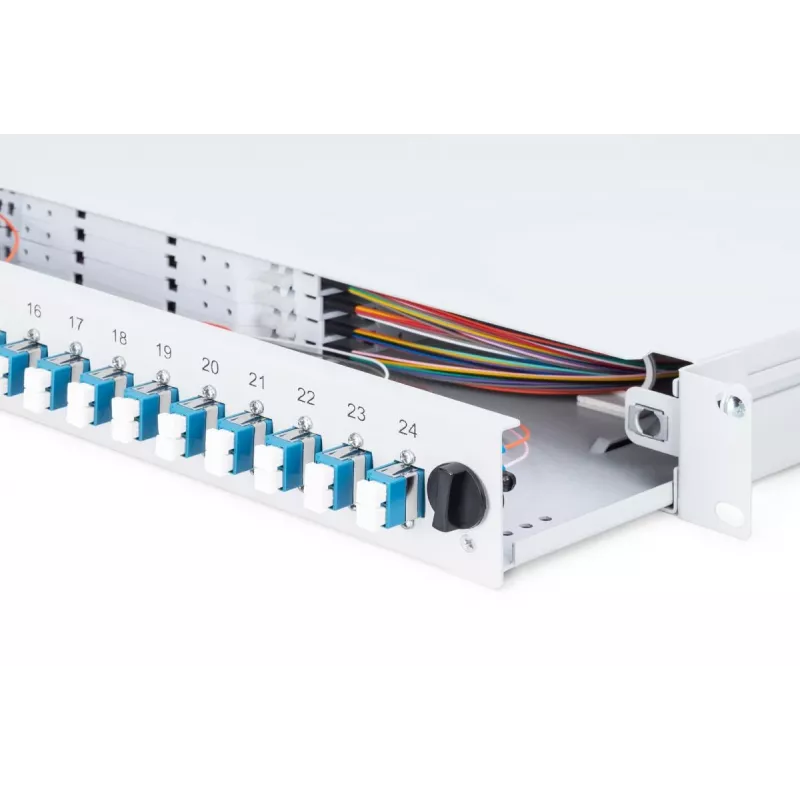 DIGITUS Fiber Optic Sliding Splice Box, 1U, Equipped 24x LC duplex, incl. M 25 Screw, Splice Cassette Singlemode OS2, Color Pigtails