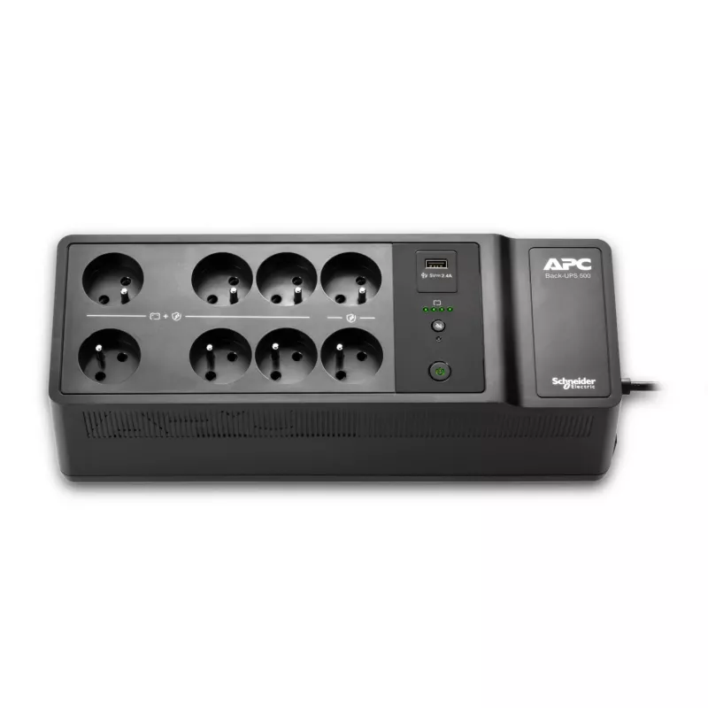 APC Back-UPS, 500VA/300W Floor/Wall Mount, 230V, 8x French/Belgian outlets, USB Type A Port, User Replaceable Battery