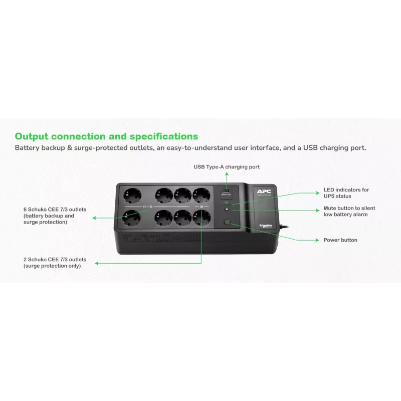 APC Back-UPS, 500VA/300W Floor/Wall Mount, 230V, 8x CEE 7/3 Schuko outlets, USB Type A Port, User Replaceable Battery
