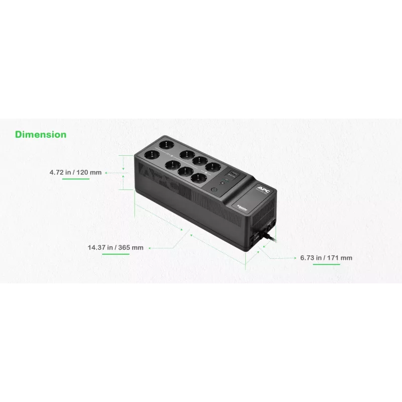 APC Back-UPS, 500VA/300W Floor/Wall Mount, 230V, 8x CEE 7/3 Schuko outlets, USB Type A Port, User Replaceable Battery