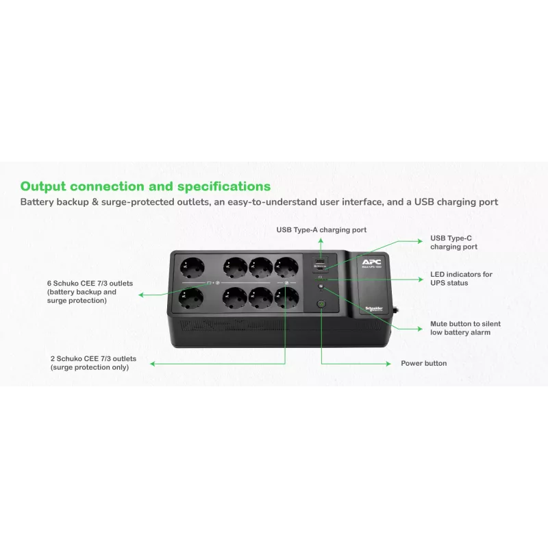 APC Back-UPS, 1050VA/600W Floor/Wall Mount, 230V, 8x Schuko CEE 7/3 outlets, USB Type A+C Port, User Replaceable Battery