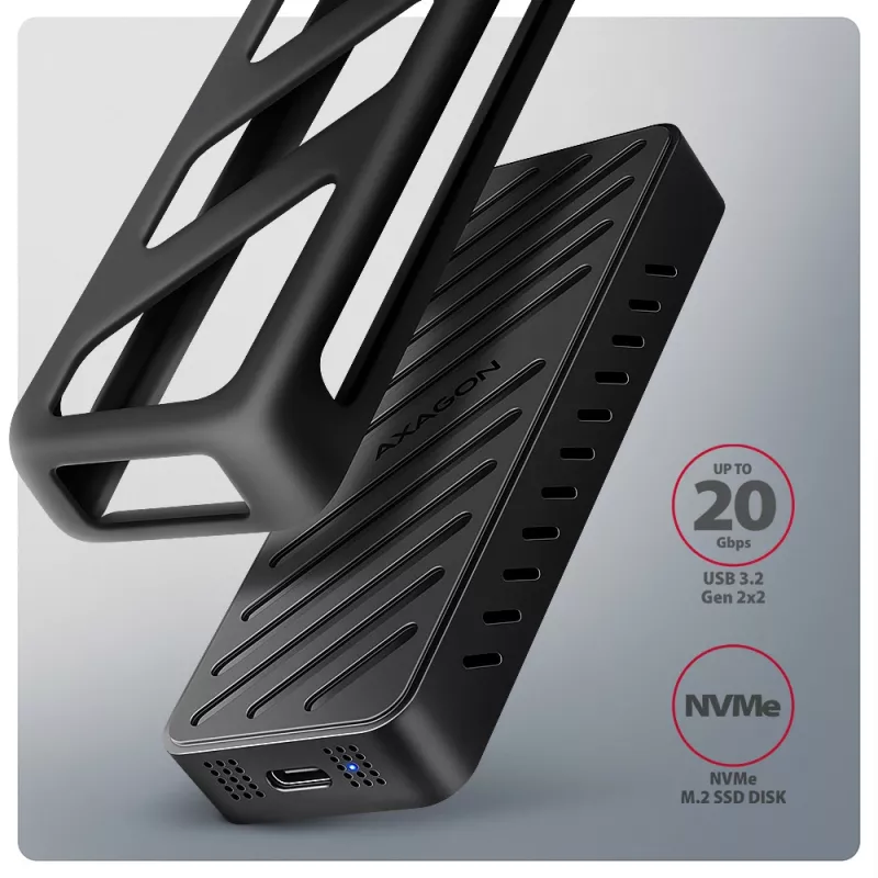Axagon EEM2-20G USB-C 20Gbps - M.2 NVMe SSD ARMORED box, SSD enclosure, M.2, M.2, NVMe-oF, PCI Express, 20 Gbit/s, USB connectivity, Black