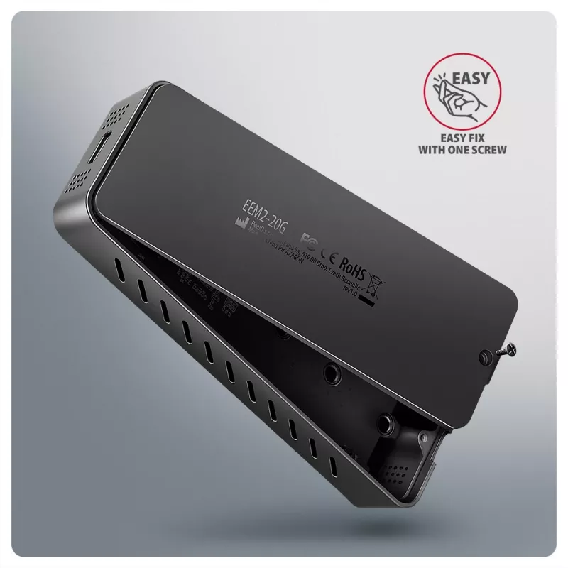 Axagon EEM2-20G USB-C 20Gbps - M.2 NVMe SSD ARMORED box, SSD enclosure, M.2, M.2, NVMe-oF, PCI Express, 20 Gbit/s, USB connectivity, Black