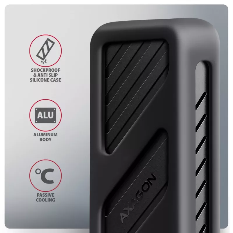 Axagon EEM2-20G USB-C 20Gbps - M.2 NVMe SSD ARMORED box, SSD enclosure, M.2, M.2, NVMe-oF, PCI Express, 20 Gbit/s, USB connectivity, Black