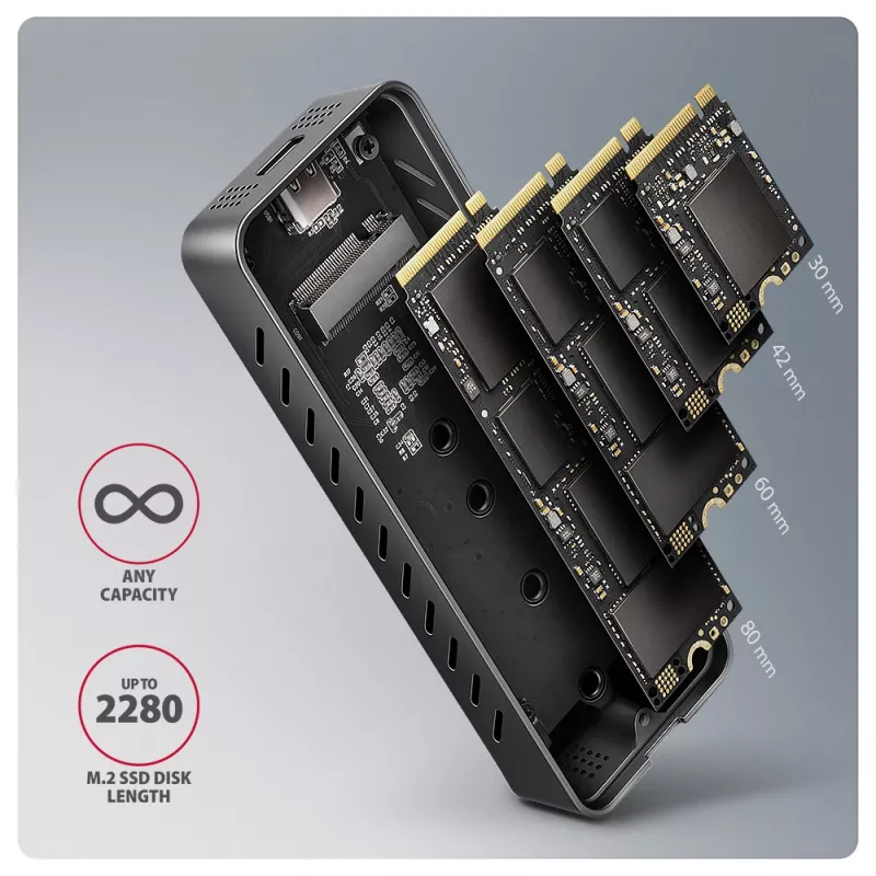 Axagon EEM2-20G USB-C 20Gbps - M.2 NVMe SSD ARMORED box, SSD enclosure, M.2, M.2, NVMe-oF, PCI Express, 20 Gbit/s, USB connectivity, Black