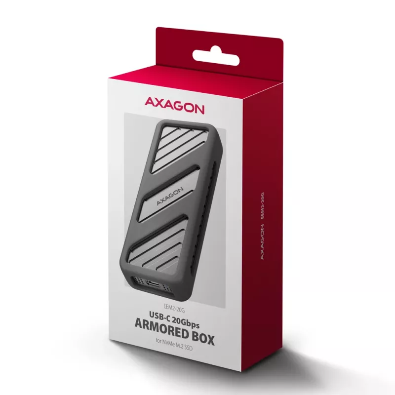 Axagon EEM2-20G USB-C 20Gbps - M.2 NVMe SSD ARMORED box, SSD enclosure, M.2, M.2, NVMe-oF, PCI Express, 20 Gbit/s, USB connectivity, Black