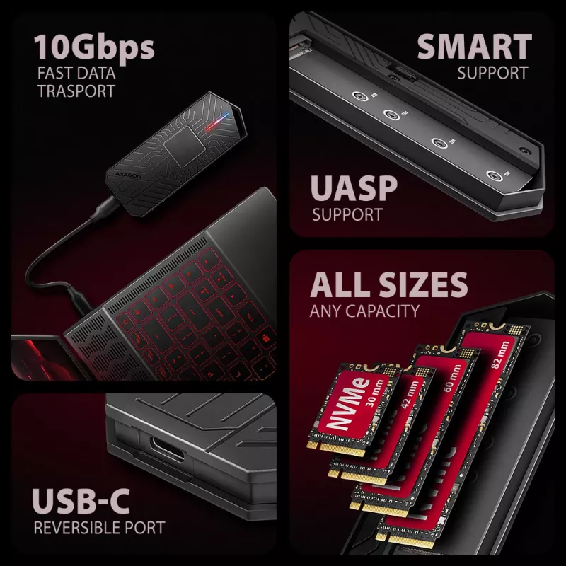 Axagon EEM2-GAM External USB-C 10Gbps metal box for M.2 NVMe & SATA SSD disks. Screwless