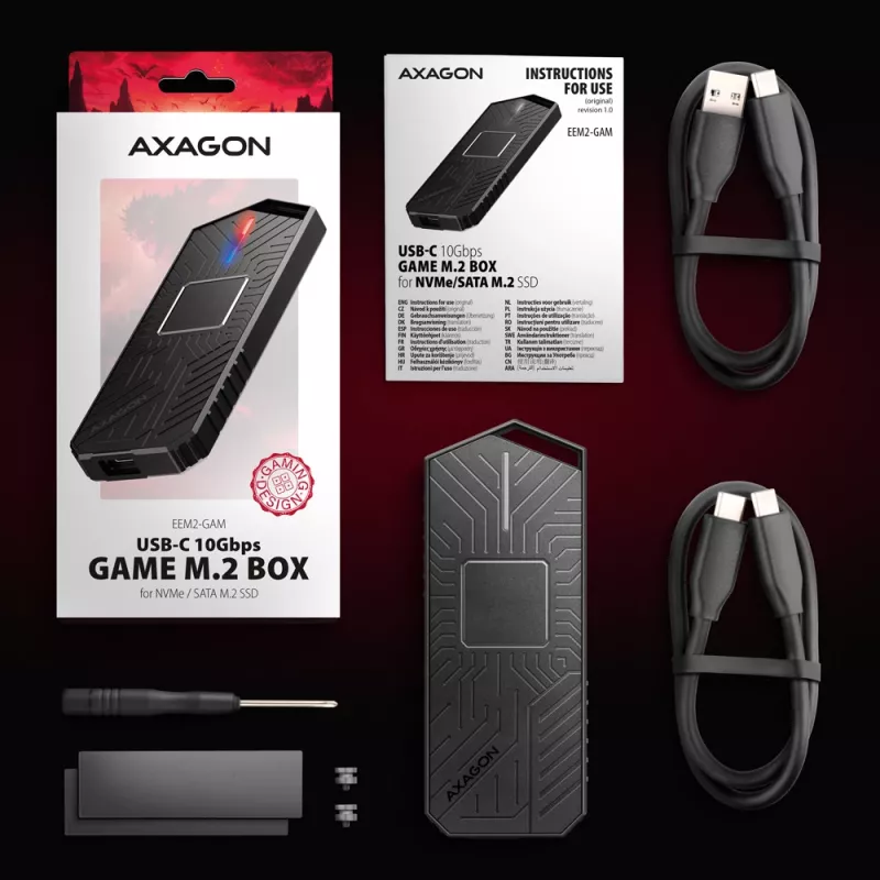 Axagon EEM2-GAM External USB-C 10Gbps metal box for M.2 NVMe & SATA SSD disks. Screwless