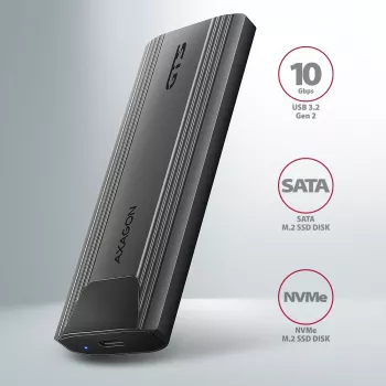 Axagon EEM2-GTS2 External USB-C 10Gbps metal box for M.2 NVMe & SATA SSD disks. Screwless