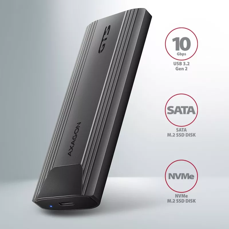 Axagon EEM2-GTS2 External USB-C 10Gbps metal box for M.2 NVMe & SATA SSD disks. Screwless