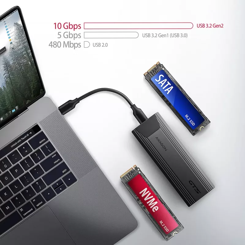 Axagon EEM2-GTS2 External USB-C 10Gbps metal box for M.2 NVMe & SATA SSD disks. Screwless