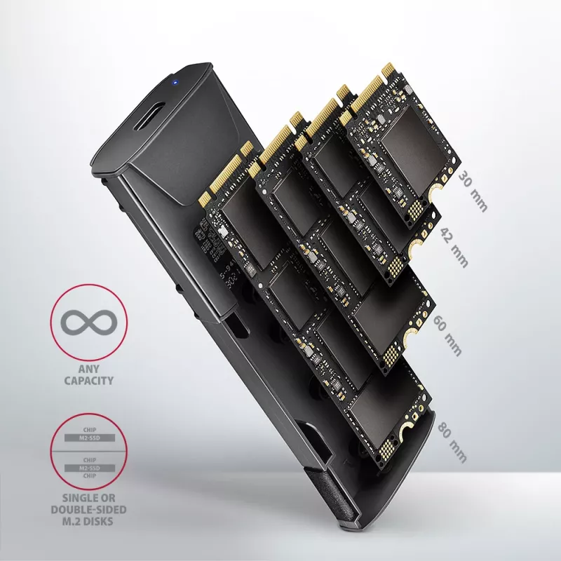 Axagon EEM2-GTS2 External USB-C 10Gbps metal box for M.2 NVMe & SATA SSD disks. Screwless
