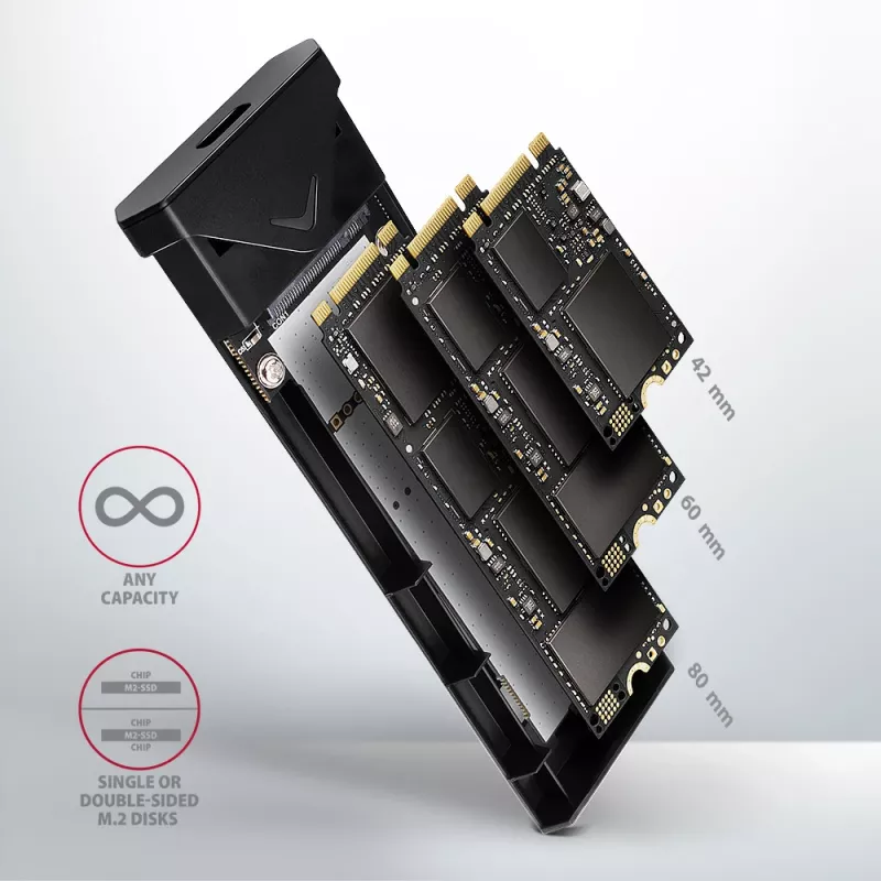 Axagon EEM2-UB2 External USB-C 10Gbps metal box for M.2 NVMe SSD disks. Black