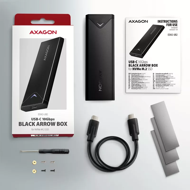 Axagon EEM2-UB2 External USB-C 10Gbps metal box for M.2 NVMe SSD disks. Black
