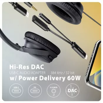 Axagon ADA-HCPD USB-C to 3.5mm jack - Hi-Res DAC audio adapter, 384kHz/32bit, PD 60W 3A
