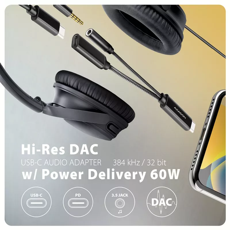 Axagon ADA-HCPD USB-C to 3.5mm jack - Hi-Res DAC audio adapter, 384kHz/32bit, PD 60W 3A