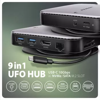 Axagon HMC-UFO USB-C Hub M.2 SATA/NVMe 1 Gbit/s Ethernet 384 kHz Audio Wired USB 3.2 Gen 2 (3.1 Gen 2) Type-C Black