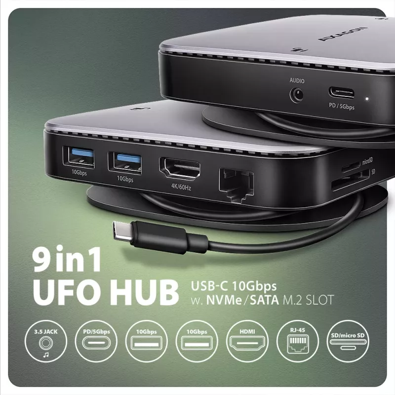 Axagon HMC-UFO USB-C Hub M.2 SATA/NVMe 1 Gbit/s Ethernet 384 kHz Audio Wired USB 3.2 Gen 2 (3.1 Gen 2) Type-C Black