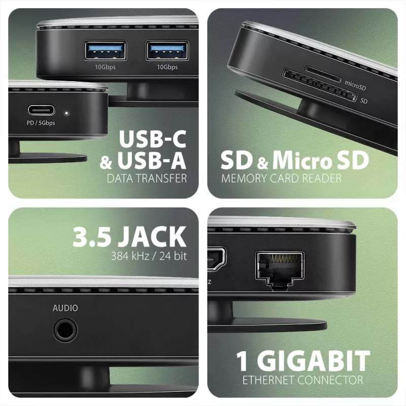 Axagon HMC-UFO USB-C Hub M.2 SATA/NVMe 1 Gbit/s Ethernet 384 kHz Audio Wired USB 3.2 Gen 2 (3.1 Gen 2) Type-C Black