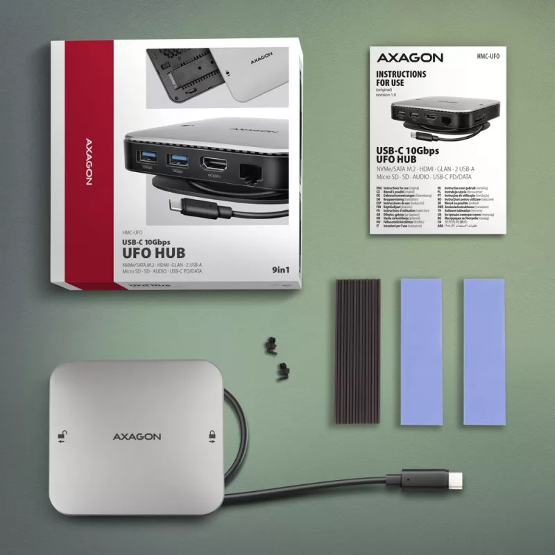 Axagon HMC-UFO USB-C Hub M.2 SATA/NVMe 1 Gbit/s Ethernet 384 kHz Audio Wired USB 3.2 Gen 2 (3.1 Gen 2) Type-C Black
