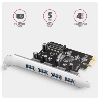 Axagon PCEU-430RS PCIe controller 4x ext. USB-A 5Gbps port, PCIe, USB 3.2 Gen 1 (3.1 Gen 1), Female, Full-height, PCIe 2.0, SATA 15-pin