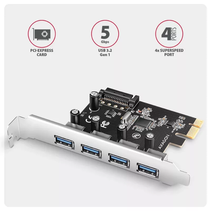 Axagon PCEU-430RS PCIe controller 4x ext. USB-A 5Gbps port, PCIe, USB 3.2 Gen 1 (3.1 Gen 1), Female, Full-height, PCIe 2.0, SATA 15-pin