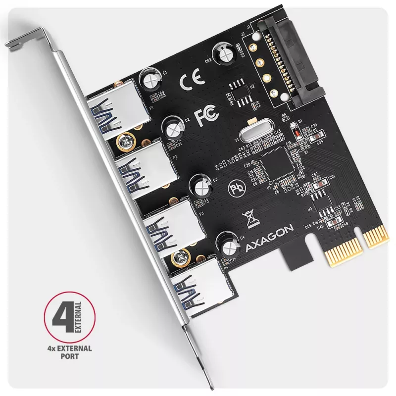 Axagon PCEU-430RS PCIe controller 4x ext. USB-A 5Gbps port, PCIe, USB 3.2 Gen 1 (3.1 Gen 1), Female, Full-height, PCIe 2.0, SATA 15-pin