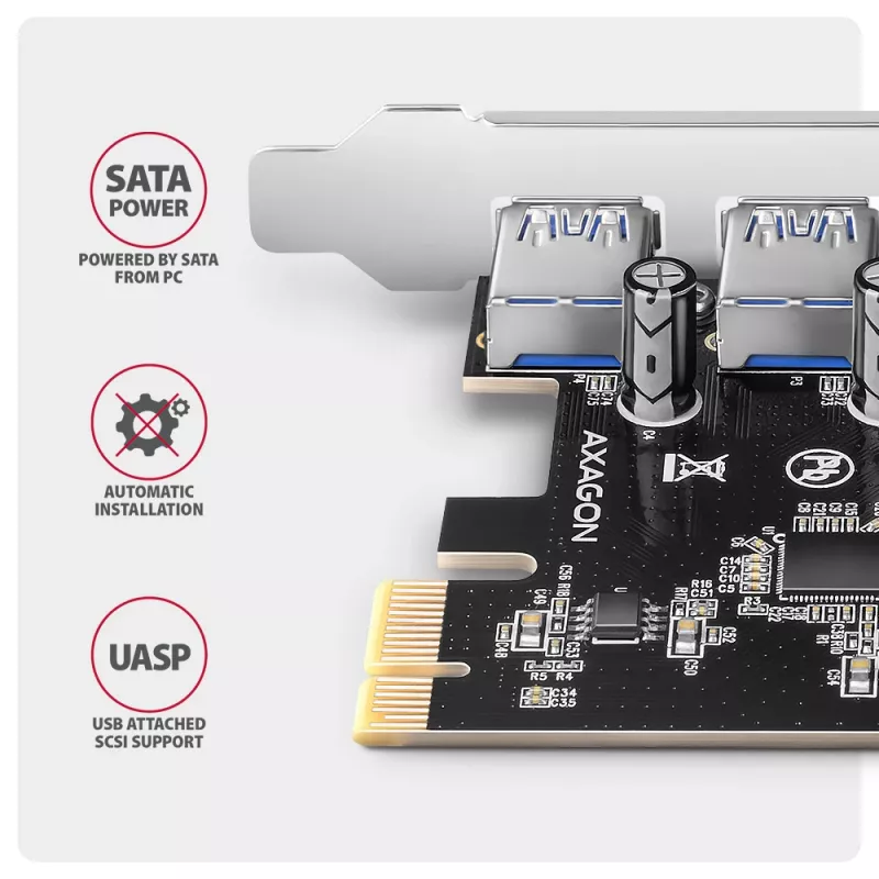 Axagon PCEU-430RS PCIe controller 4x ext. USB-A 5Gbps port, PCIe, USB 3.2 Gen 1 (3.1 Gen 1), Female, Full-height, PCIe 2.0, SATA 15-pin