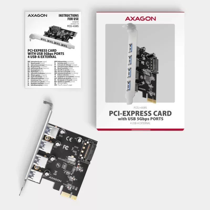 Axagon PCEU-430RS PCIe controller 4x ext. USB-A 5Gbps port, PCIe, USB 3.2 Gen 1 (3.1 Gen 1), Female, Full-height, PCIe 2.0, SATA 15-pin