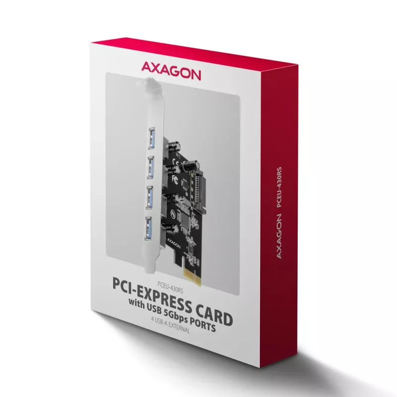 Axagon PCEU-430RS PCIe controller 4x ext. USB-A 5Gbps port, PCIe, USB 3.2 Gen 1 (3.1 Gen 1), Female, Full-height, PCIe 2.0, SATA 15-pin