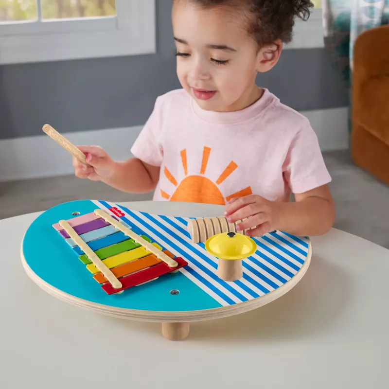 Fisher-Price Wooden Musical Table with Percussion Instrument Toys, 3 Wood Pieces