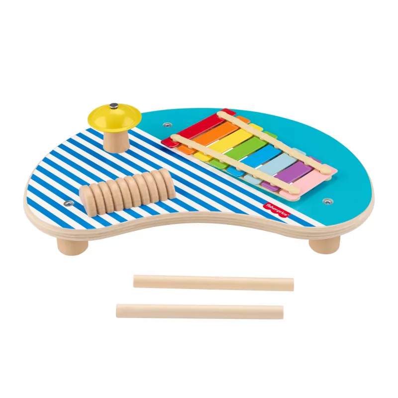 Fisher-Price Wooden Musical Table with Percussion Instrument Toys, 3 Wood Pieces
