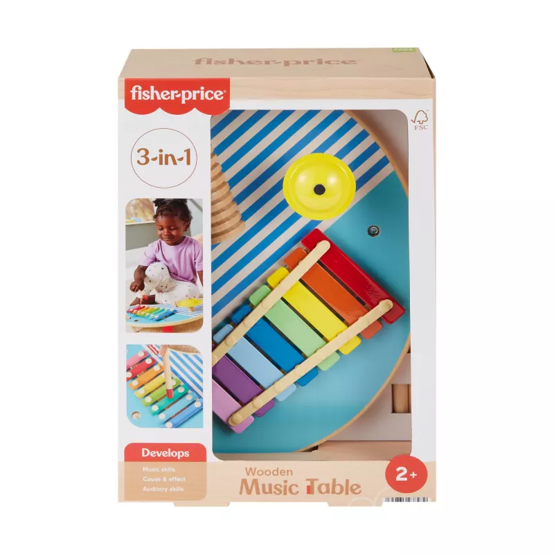 Fisher-Price Wooden Musical Table with Percussion Instrument Toys, 3 Wood Pieces