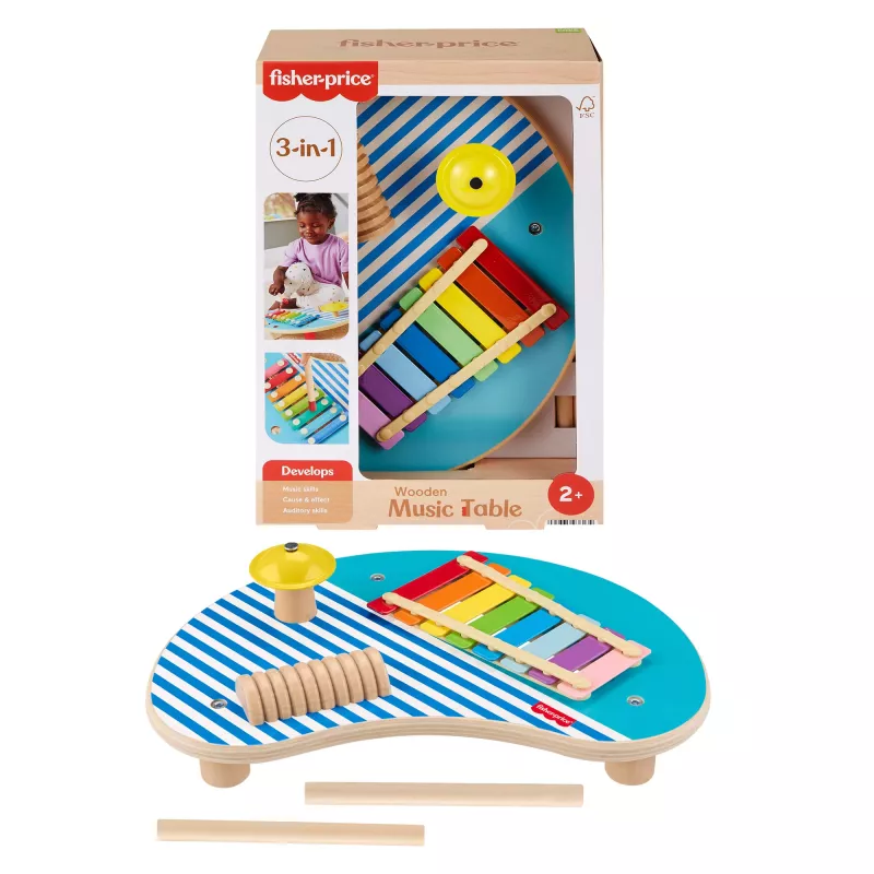 Fisher-Price Wooden Musical Table with Percussion Instrument Toys, 3 Wood Pieces