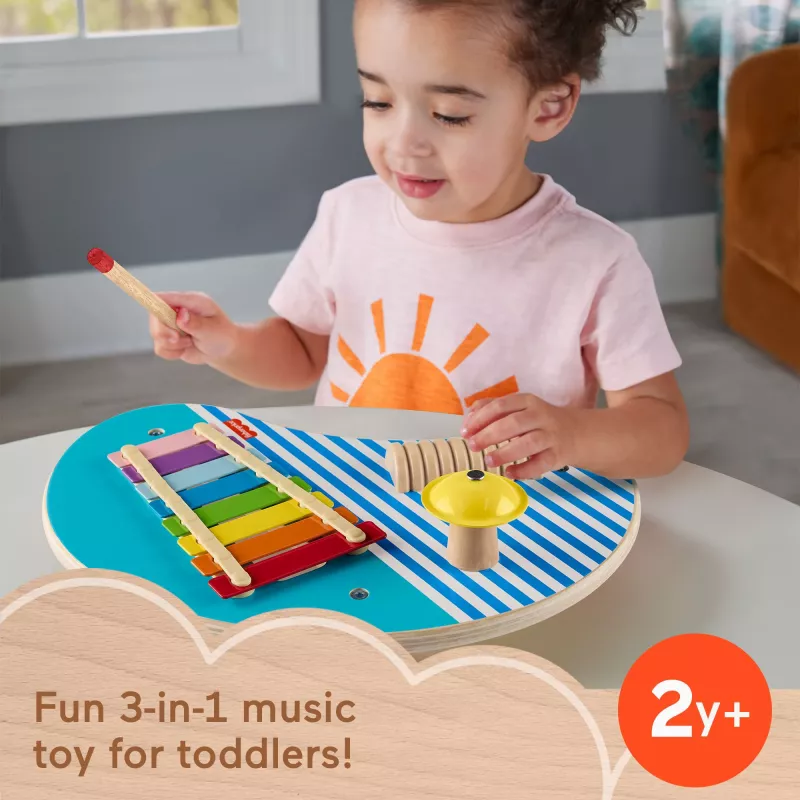 Fisher-Price Wooden Musical Table with Percussion Instrument Toys, 3 Wood Pieces