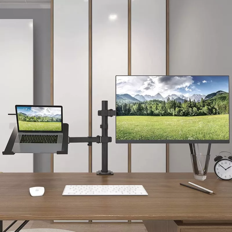 Techly ICA-LCD 174NB Desk Monitor Mount with Laptop Shelf, 13-32 inch (33-81.3 cm), 8 kg, Laptop 12-17 inch, VESA 75x75/100x100, Black