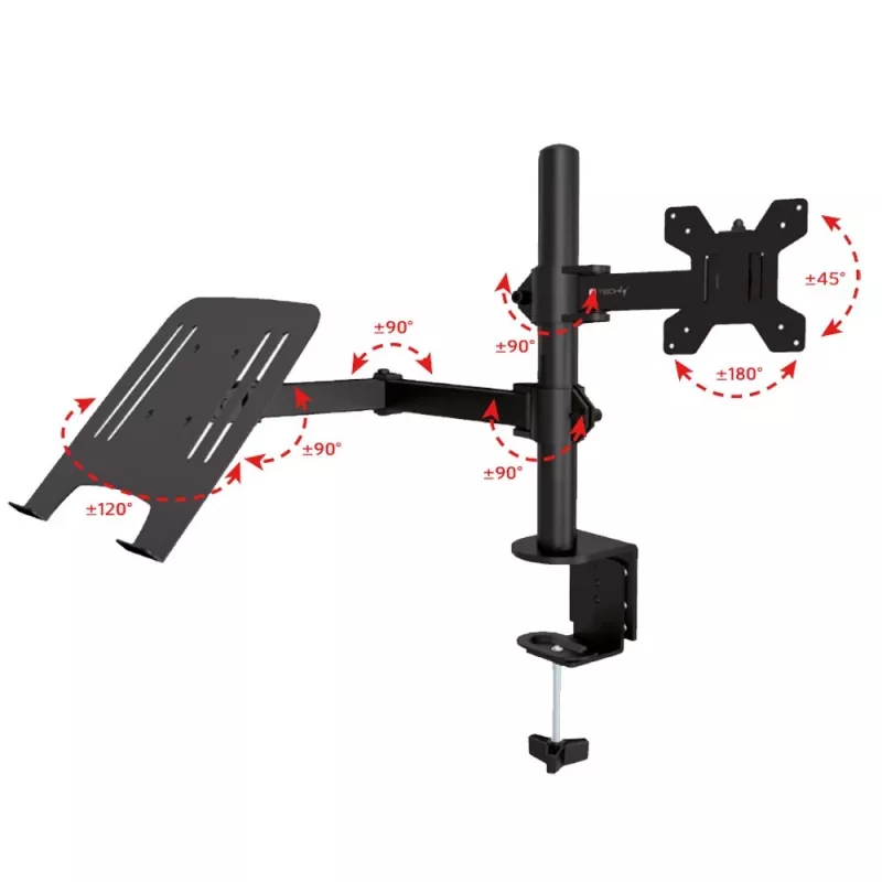 Techly ICA-LCD 174NB Desk Monitor Mount with Laptop Shelf, 13-32 inch (33-81.3 cm), 8 kg, Laptop 12-17 inch, VESA 75x75/100x100, Black