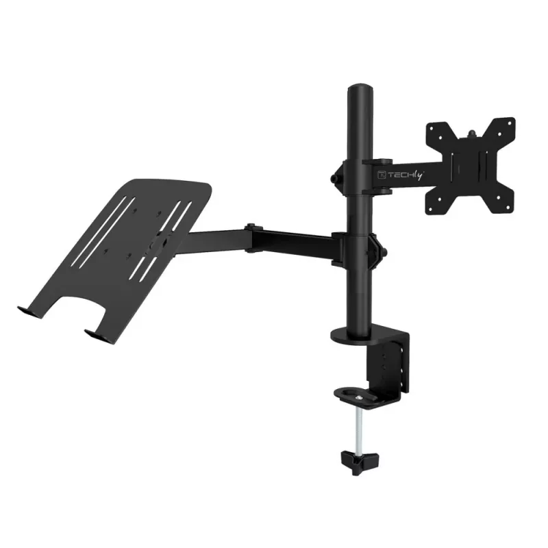 Techly ICA-LCD 174NB Desk Monitor Mount with Laptop Shelf, 13-32 inch (33-81.3 cm), 8 kg, Laptop 12-17 inch, VESA 75x75/100x100, Black