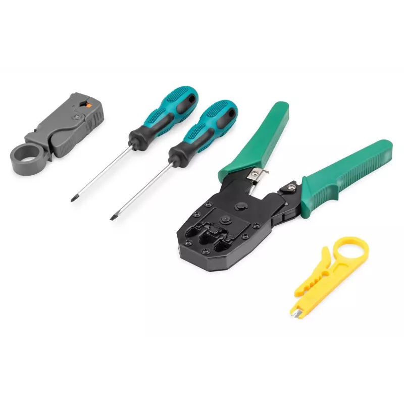 DIGITUS Network Tool Set - LAN Tester Crimping Tool Cut and Stripping Tool Punch Down Tool Bag 12 pcs