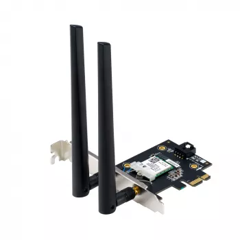 Internal WLAN Bluetooth Adapter ASUS PCE-BE6500 — PCIe, Tri-band Wi‑Fi 6E/7 (2.4/5/6 GHz), Bluetooth 5.4, 2882 Mbps, external antenna, black